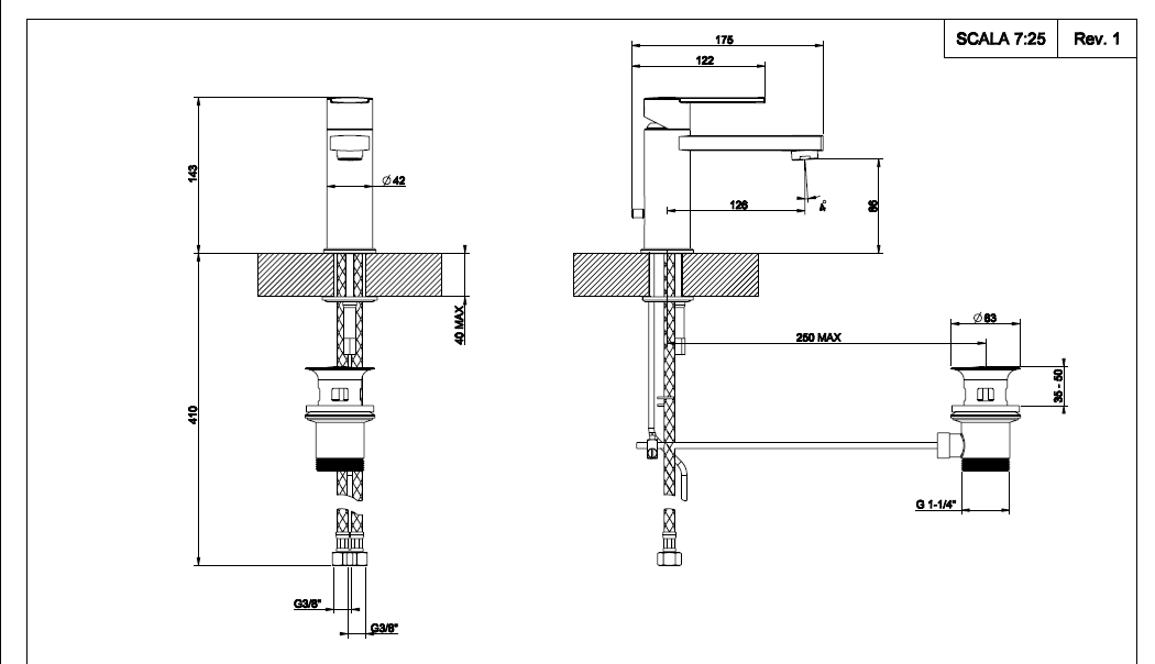Trasparenze Gessi Miscelatore Monocomando Lavabo con, vista laterale del profilo e della forma