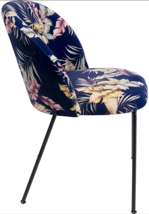 Cecil Flower sedia da arredo con gambe in acciaio nero e tessuto motivo floreale blu notte