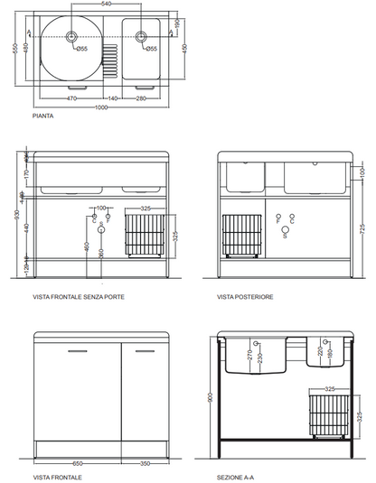 Colavene Active Wash mobile lavatoio 100x55 con doppia vasca e cesto portabiancheria estraibile bianco lucido