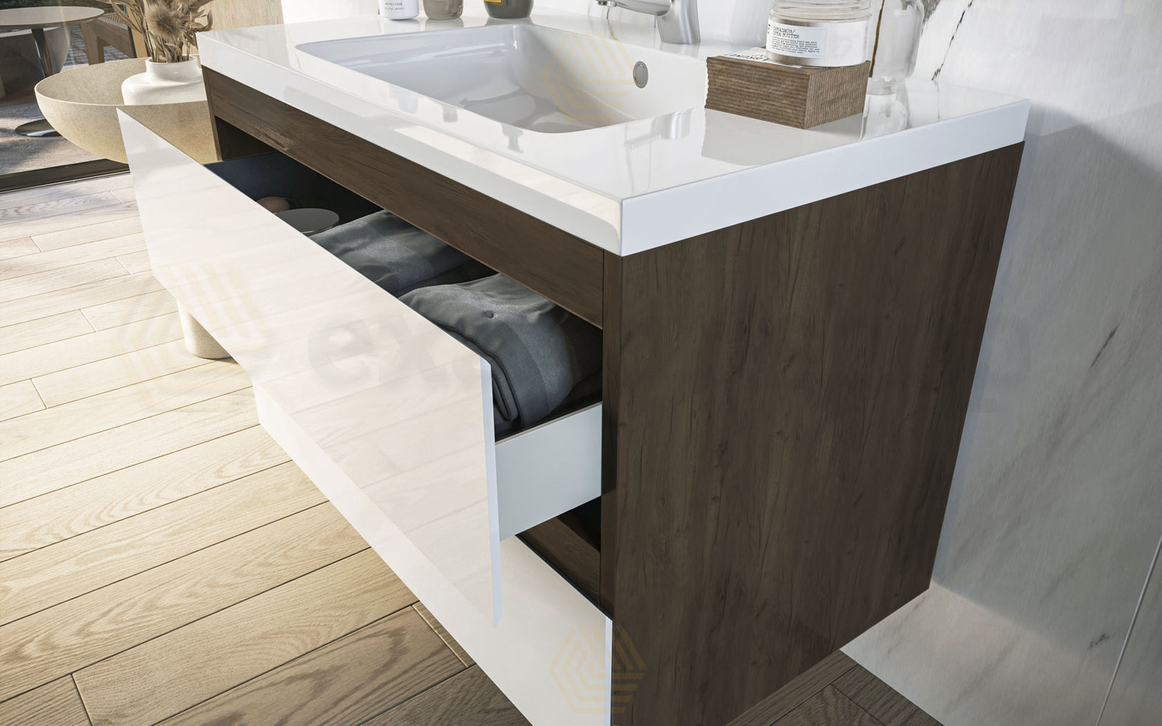 Mobile bagno 80x46 wenge bianco lucido Milo lavabo lucido Noce Scuro, vista dall'alto del piano con lavabo - Exagonshop