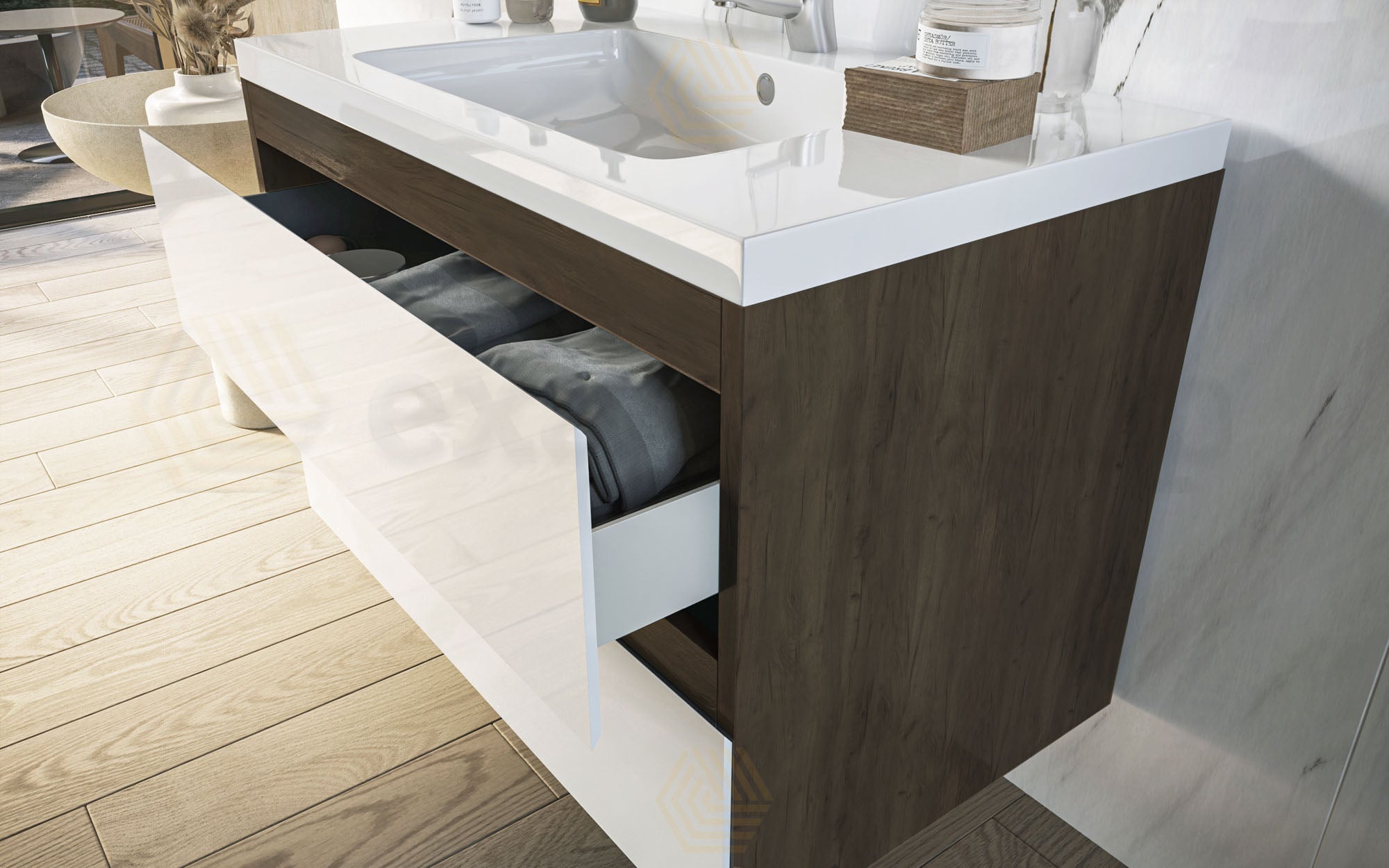 Mobile bagno 80x46 wenge bianco lucido Milo lavabo lucido Noce Scuro, vista dall'alto del piano con lavabo - Exagonshop