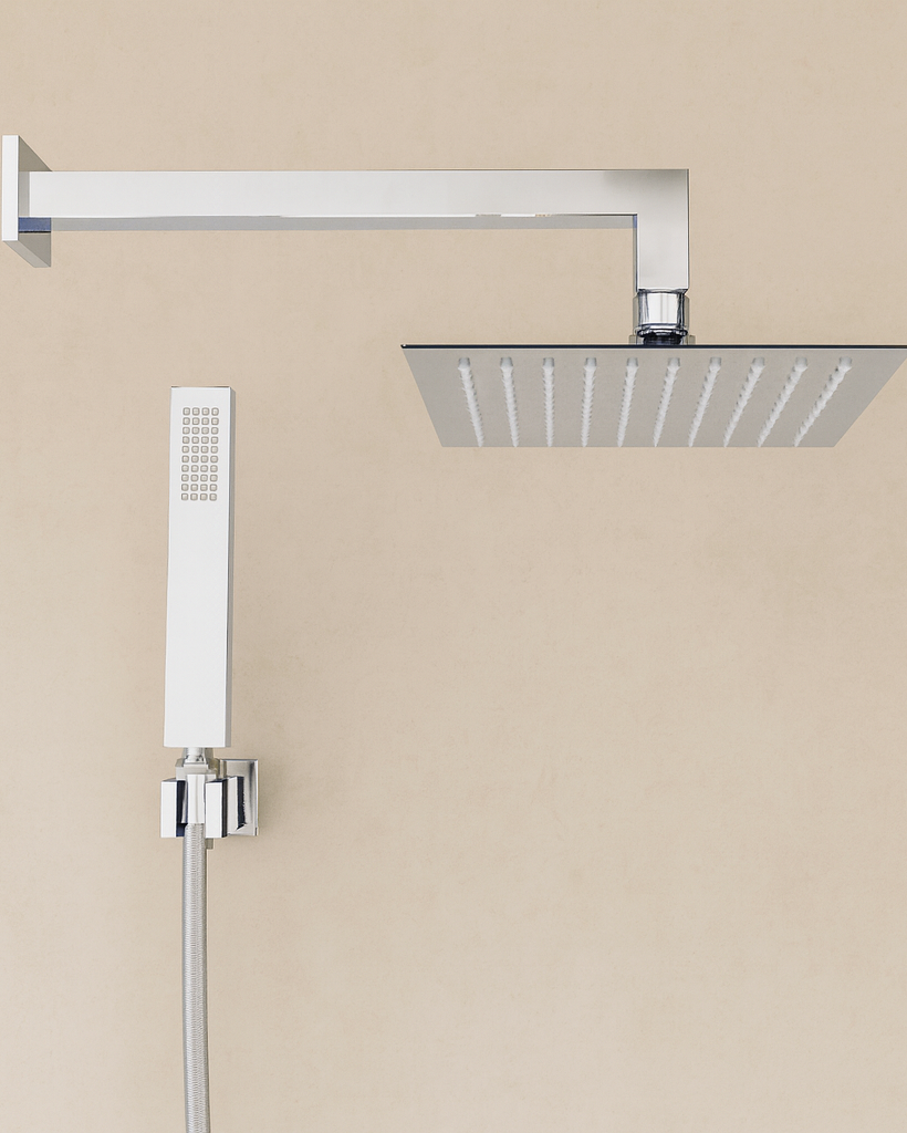 Set soffione doccia 30x30 quadro slim Smart e doccetta cromo Cromo Lucido, vista frontale della maniglia e della bocca di...