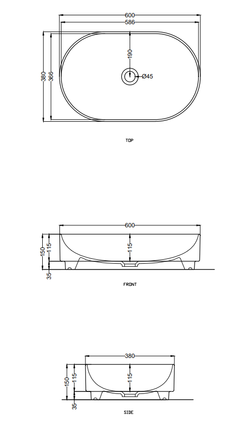 Cielo Mare lavabo 60x38 da appoggio senza troppopieno in 00 BIANCO, vista frontale su sfondo bianco