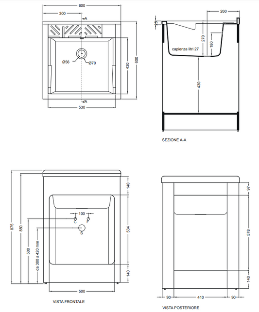 Colavene Lavacril mobile lavatoio 60x60 con serrandina a scomparsa laterale in abs metacrilato bianco