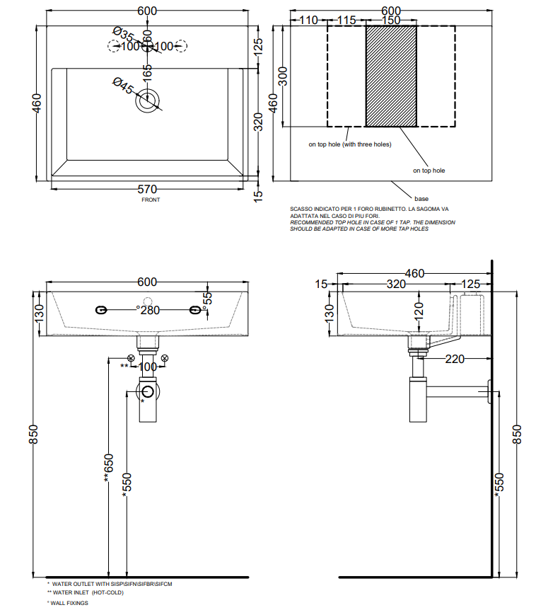 Cielo Smile Lavabo monoforo 60x46 sospeso o da appoggio con, vista frontale su sfondo bianco