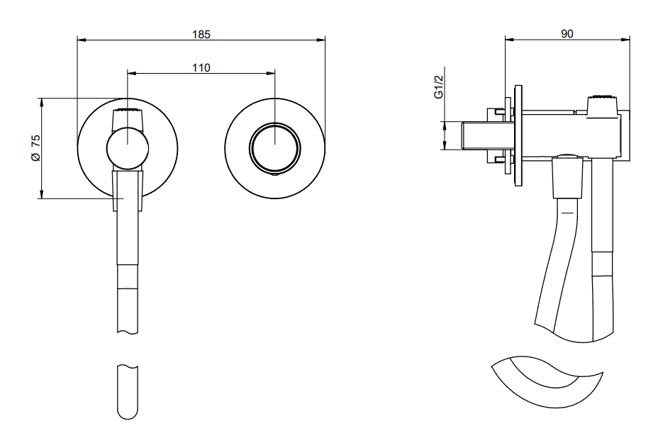 Disegno tecnico con quote di Treemme Watertube idroscopino per wc e bidet con Acciaio - Rubinetterie Treemme