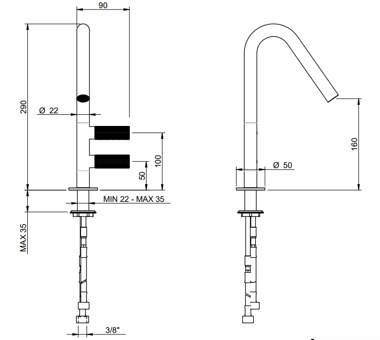 Treemme 22mm IT3014IS2GZZ miscelatore lavabo alto monoforo Acciaio visto dall'alto con scarico e interno visibili...