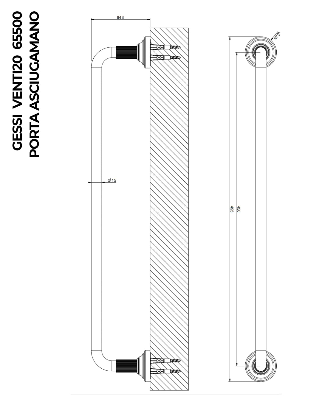 Porta salvietta 45 cm cromo venti20 65500 gessi