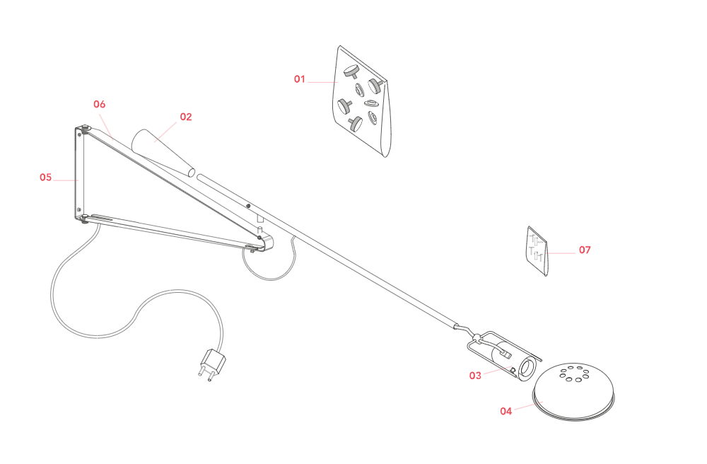 Flos 265 Lampada a parete 85 cm a luce diretta in acciaio, vista posteriore con attacco elettrico