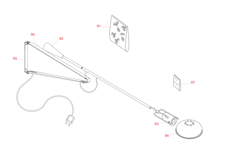 Flos 265 Lampada a parete 85 cm a luce diretta in acciaio, vista posteriore con attacco elettrico