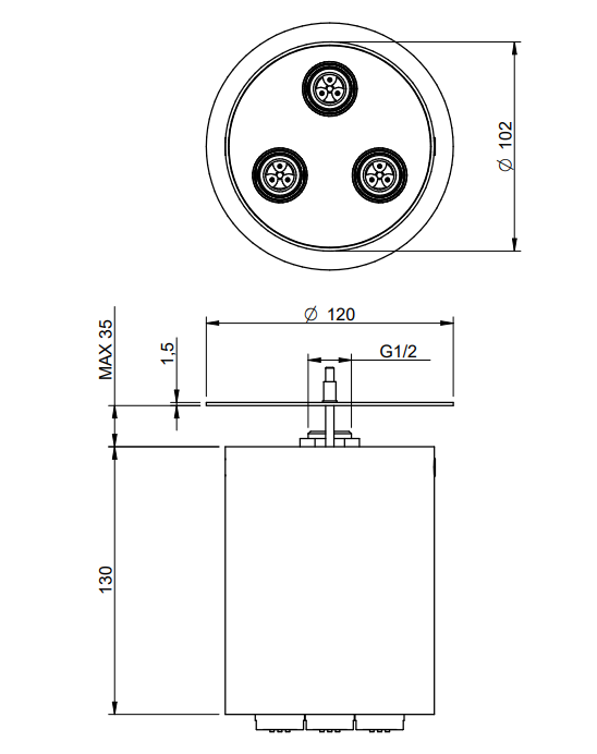 Disegno tecnico con quote di Treemme Watertube ITRTBR414IS soffione doccia a soffitto 10 Acciaio - Rubinetterie Treemme
