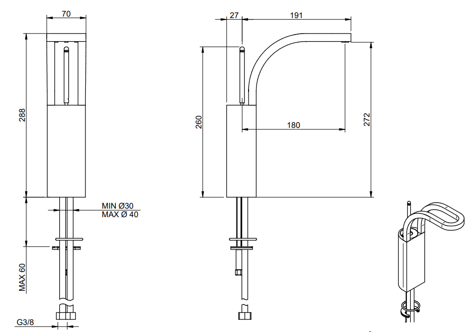 Treemme Philo IT7018CCPDZZ miscelatore lavabo alto 272 mm Cromo Lucido, vista laterale del profilo e della forma...