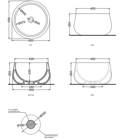 Cielo Tina bacinella 45 cm lavabo da appoggio senza troppopieno in ceramica bianco lucido