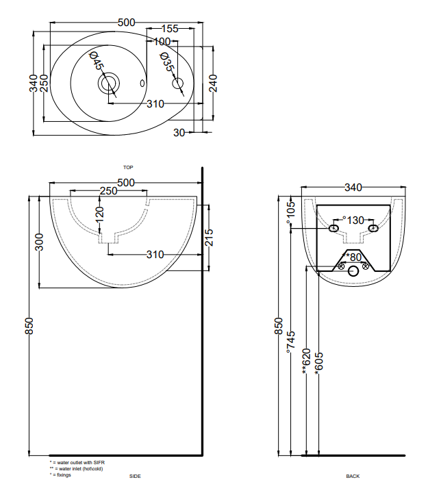 Cielo Le Giare lavabo sospeso 34x50 con troppopieno in, vista frontale su sfondo bianco