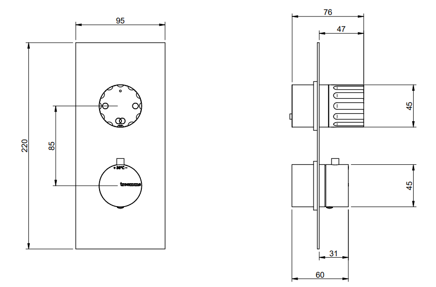 Disegno tecnico con quote di Treemme Los RWIT8A46CC60 termostatico incasso con deviatore Cromo Lucido - Rubinetterie Treemme