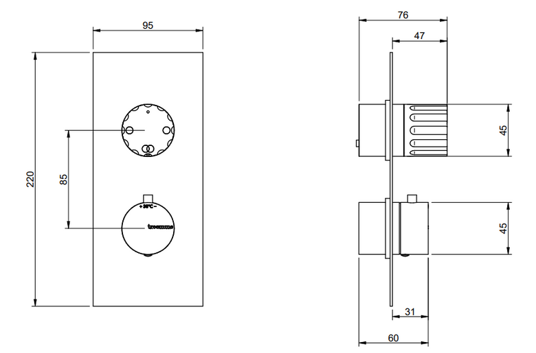 Disegno tecnico con quote di Treemme Los RWIT8A46CC60 termostatico incasso con deviatore Cromo Lucido - Rubinetterie Treemme