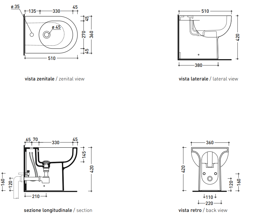 Flaminia QUICK QK217 bidet filo parete monoforo a pavimento 00 Bianco, vista frontale su sfondo bianco - Ceramica Flaminia