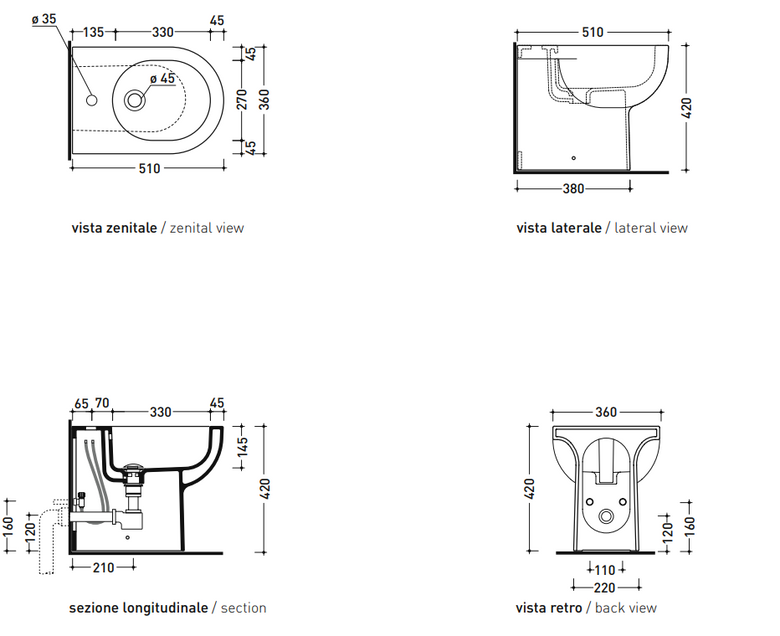 Flaminia QUICK QK217 bidet filo parete monoforo a pavimento 00 Bianco, vista frontale su sfondo bianco - Ceramica Flaminia