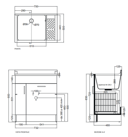 Colavene Lindo mobile lavatoio 75x50 con cesto portabiancheria tavola lavapanni in legno celeste