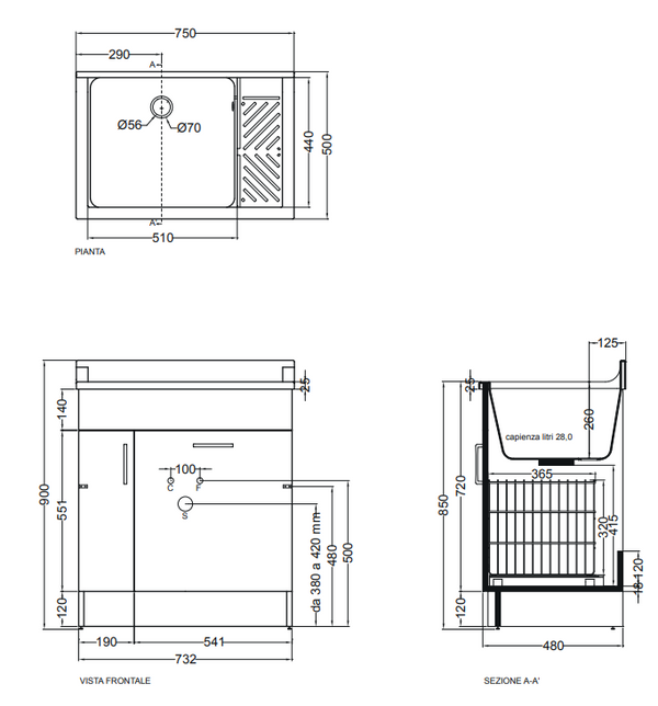 Colavene Lindo mobile lavatoio 75x50 con cesto portabiancheria tavola lavapanni in legno celeste