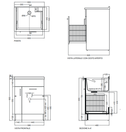 Colavene Jollywash mobile lavatoio 60x50 con cestello estraibile e tavola lavapanni double face bianco lucido