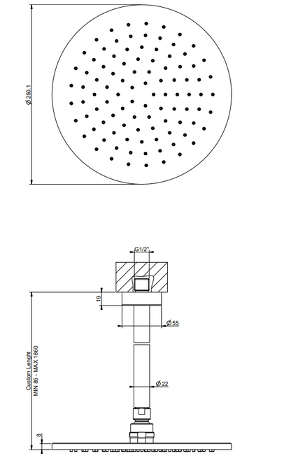 Gessi Anello 63350 Soffione doccia 25 cm tondo a soffitto braccio altezza personalizzabile