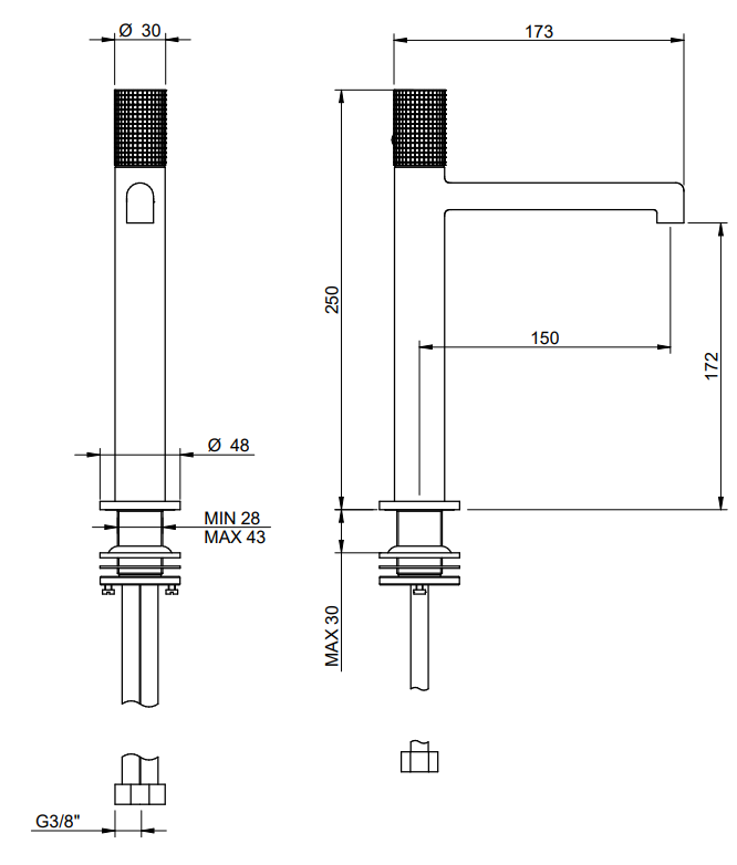 Treemme T30 Miscelatore monocomando lavabo 172mm con Cromo Lucido visto dall'alto con scarico e interno visibili...