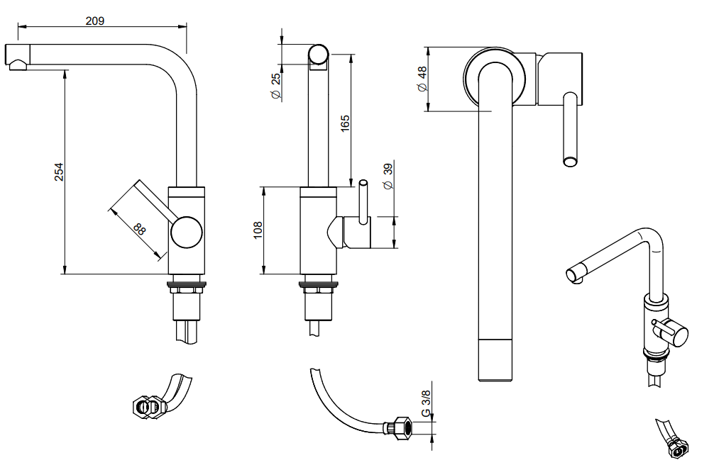 Disegno tecnico con quote di Treemme 40mm IT1334IS40ZZ miscelatore lavello cucina dritto Acciaio - Rubinetterie Treemme