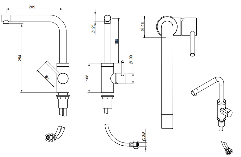 Disegno tecnico con quote di Treemme 40mm IT1334IS40ZZ miscelatore lavello cucina dritto Acciaio - Rubinetterie Treemme