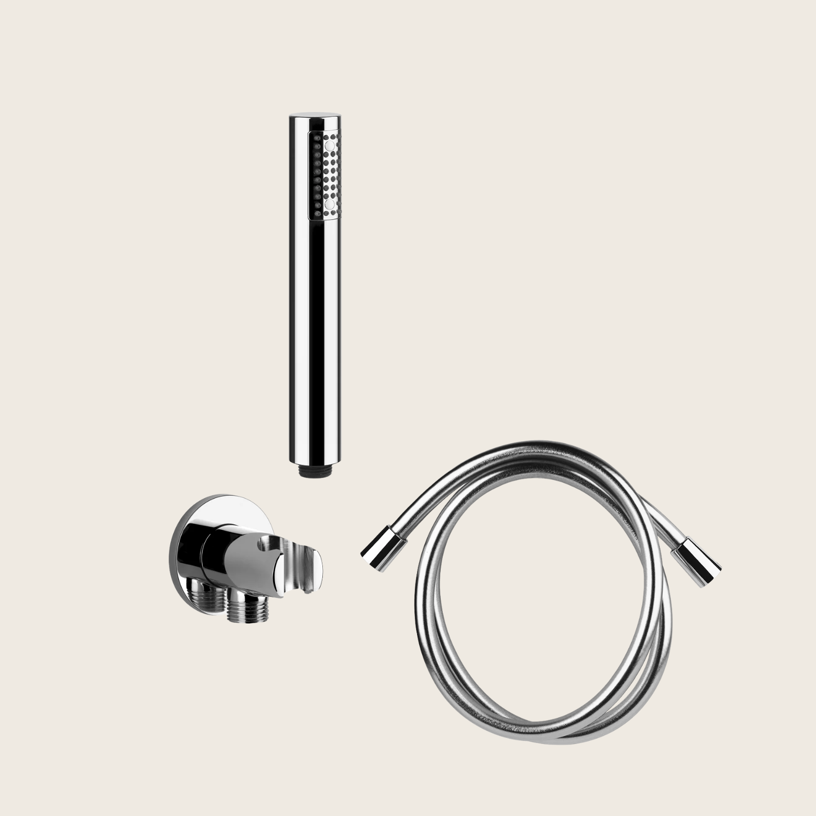Gessi Set Doccetta Stick Tonda con Presa Acqua Supporto e Cromo Lucido, vista frontale della maniglia e della bocca di...