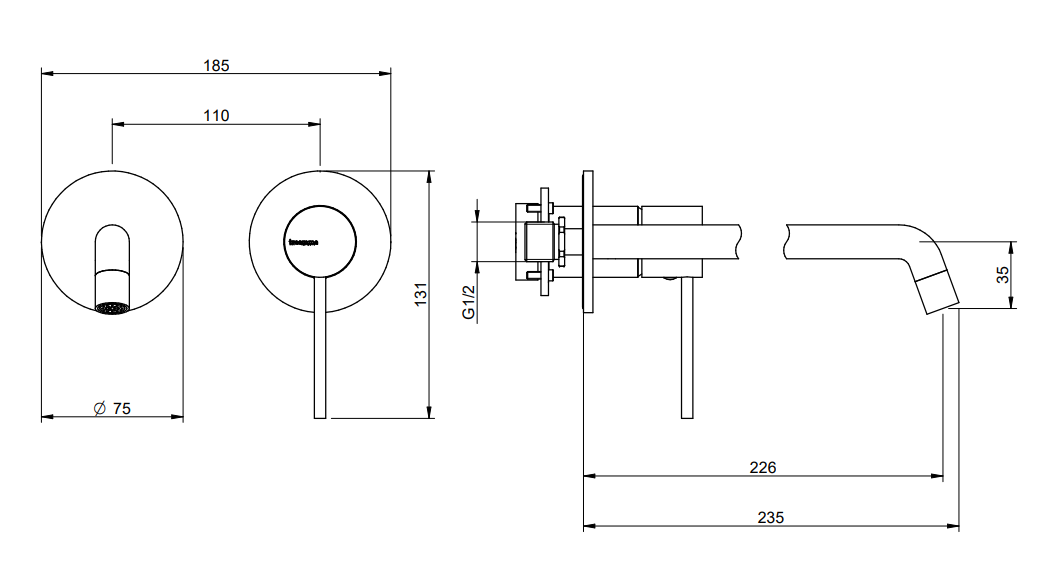 Treemme Up+ miscelatore lavabo 226mm senza parte incasso Cromo Lucido, vista laterale del profilo e della forma...