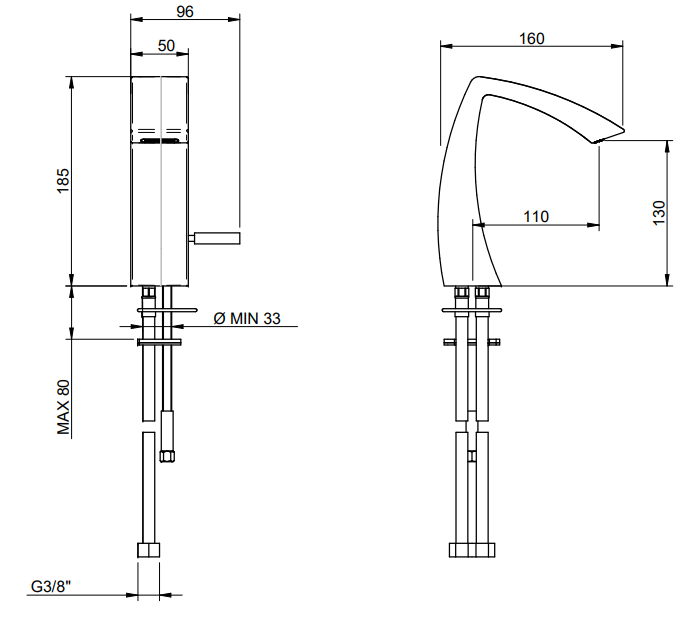 Treemme Arche IT0211CCAHZZ miscelatore lavabo 130 mm con Cromo Lucido visto dall'alto con scarico e interno visibili...