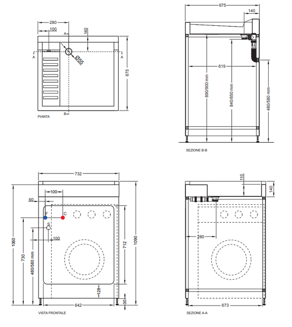 Colavene Lavacril On mobile lavatoio 73x67 per Lavatrice uso interno esterno in abs bianco