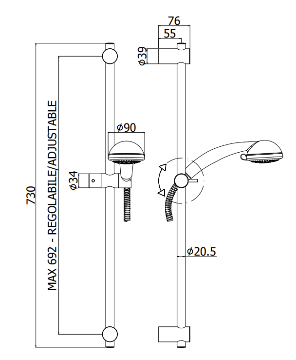 Paffoni Royal asta Doccia 73 Cm completa Cromo Zsal119, componenti inclusi smontati: corpo incasso, placca e rosone