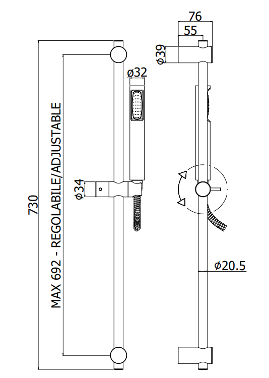 Paffoni Stick New asta doccia 73 cm con doccetta cromo, componenti inclusi smontati: corpo incasso, placca e rosone