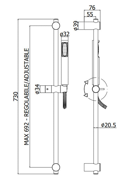 Paffoni Stick New Zsal150 asta doccia 73 cm con doccetta e interasse max 692 mm cromo
