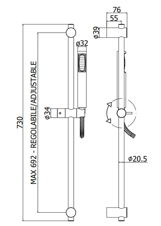 Paffoni Stick New Zsal150 asta doccia 73 cm con doccetta e interasse max 692 mm cromo