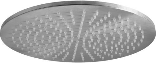 Paffoni master king soffione 30 cm doccia tondo 8 mm in, dettaglio ravvicinato della finitura e del marchio