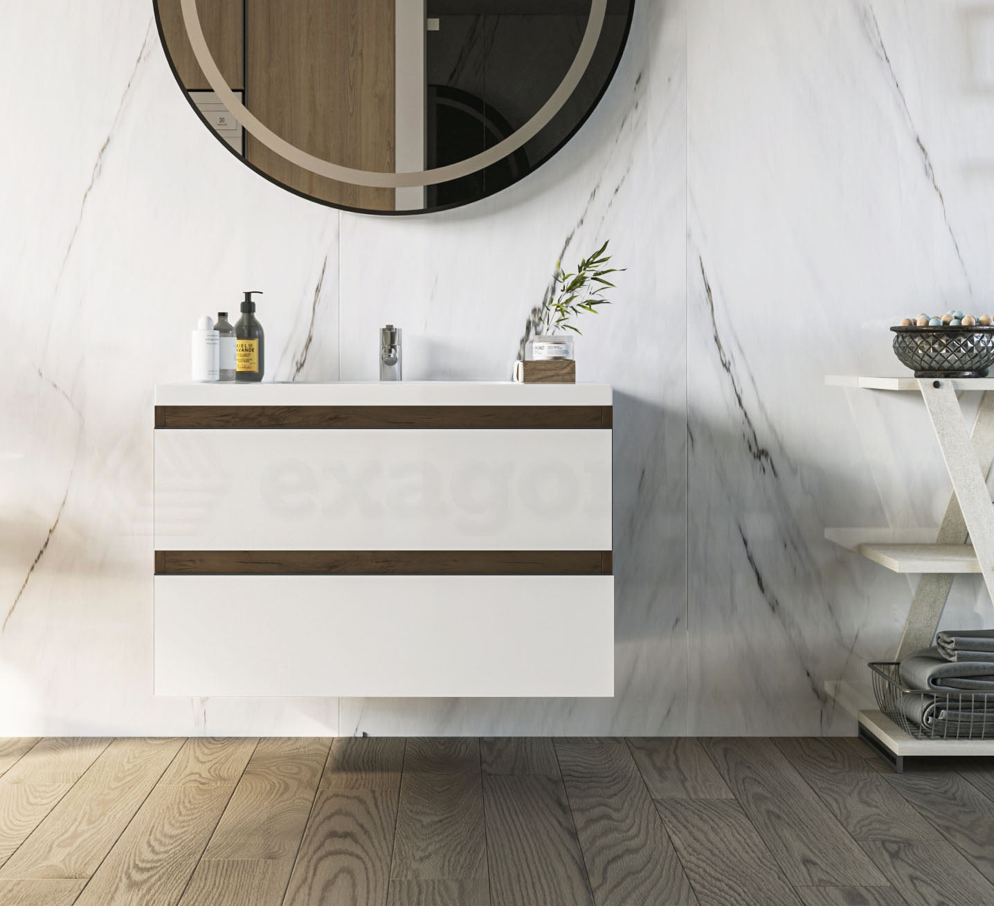 Mobile bagno 80x46 wenge bianco lucido Milo lavabo lucido Noce Scuro ambientato in bagno moderno con specchio e accessori...