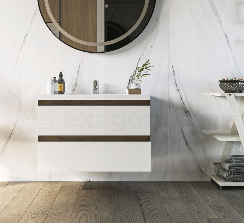 Mobile bagno 80x46 wenge bianco lucido Milo lavabo lucido Noce Scuro ambientato in bagno moderno con specchio e accessori...