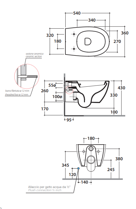 Vaso sospeso con erogatore bidet incluso in ceramica Bianco, vista laterale del profilo e della forma - Ceramica Globo