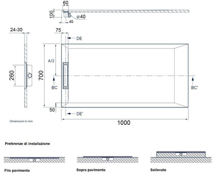 Sirio piatto doccia 70x100 ultrapiatto effetto pietra con piletta lineare alta portata e copripiletta in resina bianco