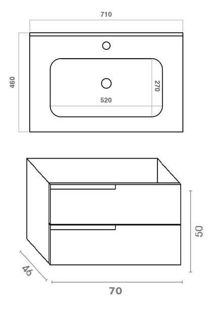 Mobile bagno noce 70x46 Sorrento con maniglia sinistra e lavabo in ceramica