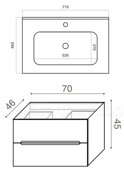 Mobile bagno teak 70x46 cannettato Urbino due cassetti con lavabo in ceramica