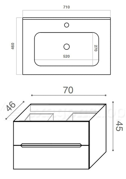 Mobile bagno rovere 70x46 cannettato Urbino due cassetti con lavabo in ceramica