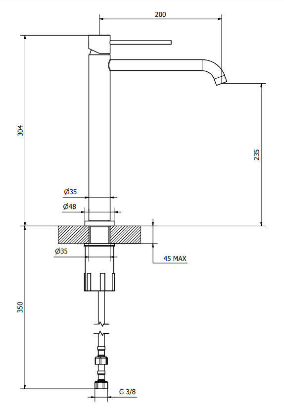 Jabil 25 Miscelatore alto per lavabo con scarico click, vista frontale su sfondo bianco - Teorema