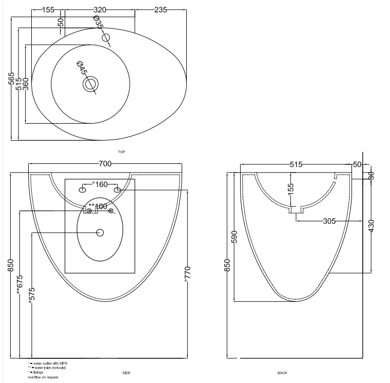 Cielo Le Giare lavabo 70x56 sospeso con troppopieno in, vista frontale su sfondo bianco