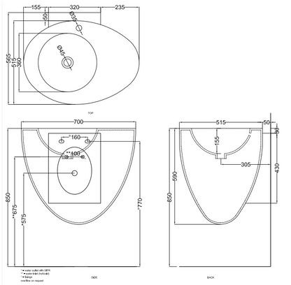Cielo Le Giare lavabo sospeso 70x56 monoforo con troppopieno in ceramica lavagna