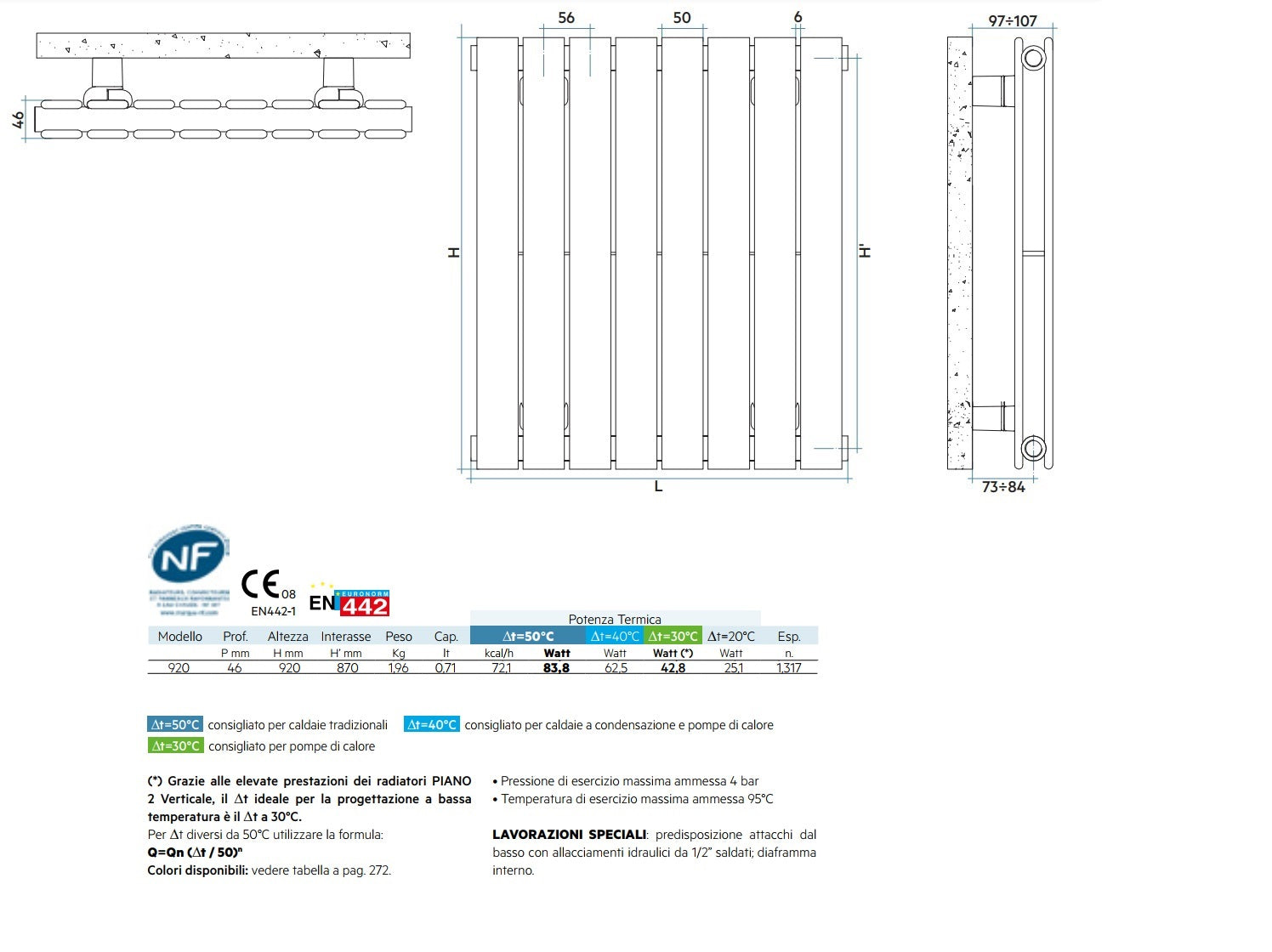 Schema tecnico di installazione di Irsap Piano2 radiatore 920 Verticale doppio L.904xH.920 mm con canna fumaria