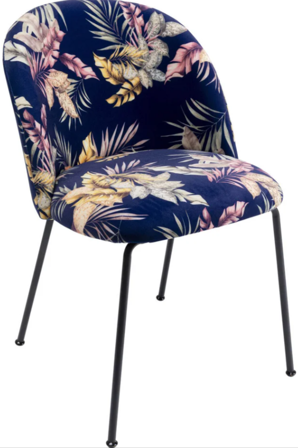 Cecil Flower sedia da arredo con gambe in acciaio nero e tessuto motivo floreale blu notte